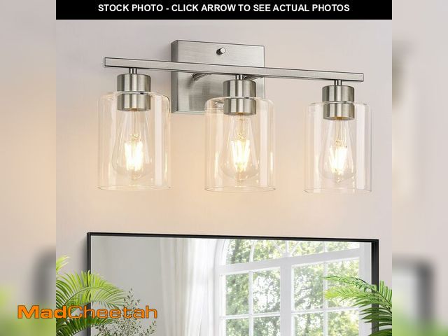 Lot 74-14382958 - Meybiok 3-Light Bathroom Light Fixtures, Brushed Nickel Vanity Lights, Bathroom Lighting with Clear ...