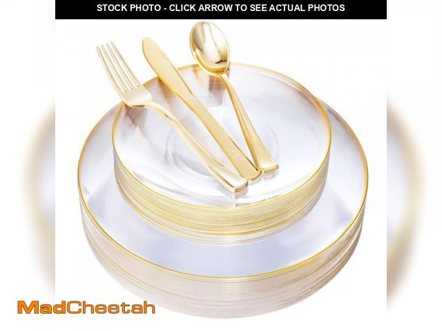Lot 74-11554197 - Nervure 125PCS Clear Gold Plastic Plates - Clear Plastic Plates with Gold Rim Include 25 Dinner Plat...