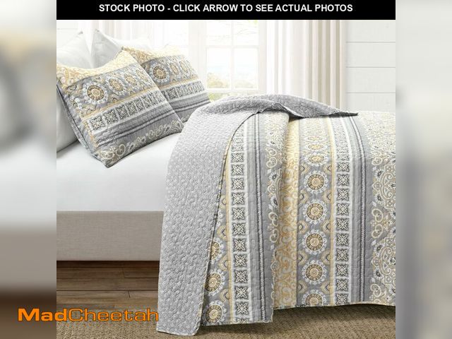 Lot 74-12664467 - Lush Decor Nesco Stripe Quilt Queen Size 3 Piece Set Full/Queen Yellow &amp; Gray - Striped Bedding ...