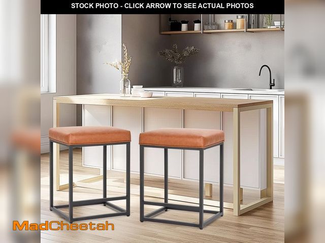 Lot 74-14083082 - PHI VILLA 24 in. Brown Rectangular Faux Leather Cushion Backless Bar Stool Metal Steel Frame Base wi...