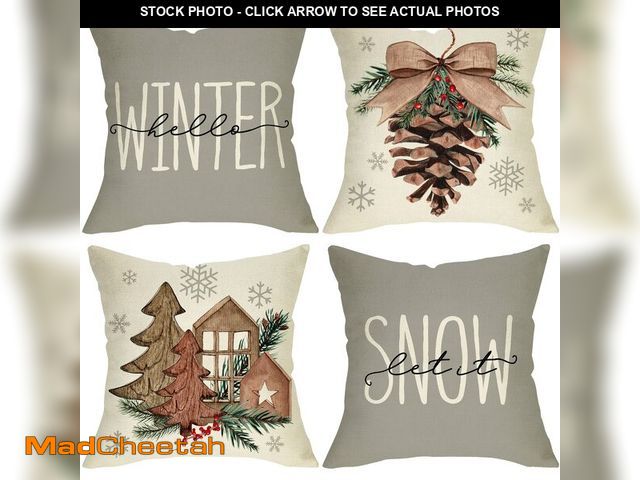 Lot 74-12979229 - Ussap Hello Winter Pine Cone Decorative Throw Pillow Cover Set of 4, Let It Snow Wooden Christmas Tr...