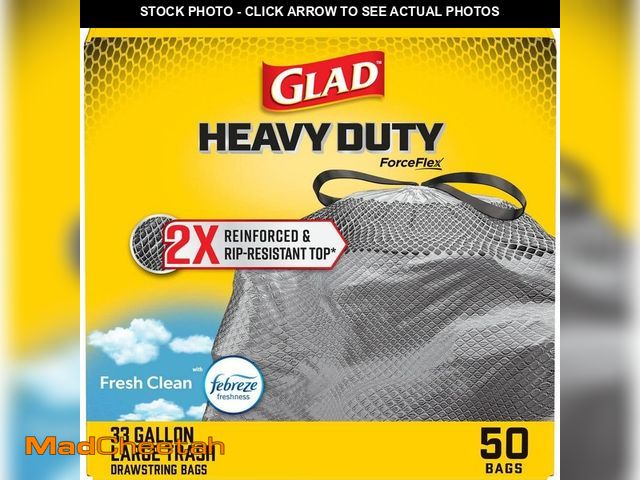 Lot 74-14467880 - Glad 33 Gal. Heavy Duty 2x Reinforced and Rip Resistant Top Large Drawstring Outdoor Black Trash Bag...