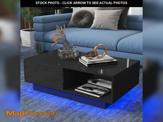 Lot 74-13765214 - Hommpa LED Coffee Table Modern Side Tables High Gloss Black Cocktail Table with 2 Drawers Open Shelf...