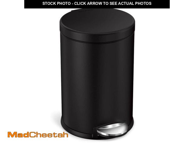 Lot 74-12921379 - *DENTED* simplehuman 4.5L Round Step Bathroom Trash Can with Soft-Close Lid, Matte Black Steel *DENT...