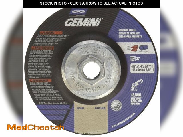 Lot 74-13628304 - Norton Gemini Depressed Center Abrasive Wheel, Type 27, Aluminum Oxide, 5/8"-11 Hub, 4-1/2" Diameter...