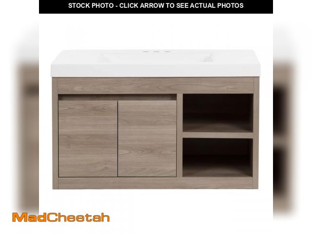 Lot 74-12161882 - (CRACKED) Spring Mill Cabinets Narelle Floating Bathroom 2 Shelves, Cabinet, and White Single-Sink V...