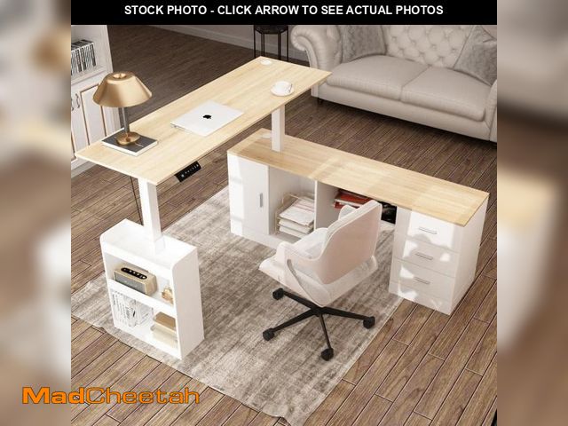 Lot 74-12184882 - FUFU&amp;GAGA 63 in. W L- Shaped White Wood Adjustable Height Computer Desk Ergonomic Writing Desk M...