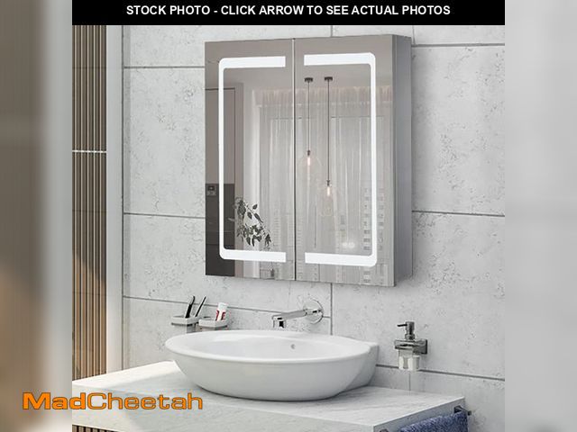 Lot 74-12541423 - Janboe 24 Inch X 28 Inch Illuminated Led Mirror Cabinet for Bathroom Stainless Steel Wall Mounted Me...