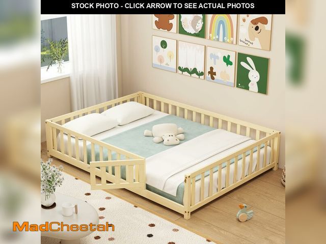 Lot 74-14612505 - Giantex Full Floor Bed with Fence for Kids, Montessori Bed Frame with Door and Safety Guardrails, So...