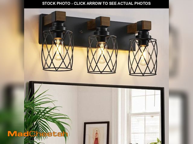 Lot 74-13584326 - XvmBvm Farmhouse Bathroom Vanity Light, 3-Light Wood Bathroom Light Fixtures Over Mirror, Black Indu...