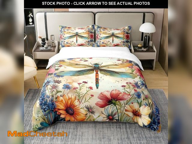 Lot 74-12434551 - Colorful Dragonfly Bedding Set Queen 100% Cotton Watercolor Daisy Lavender Garden Flowers Duvet Cove...