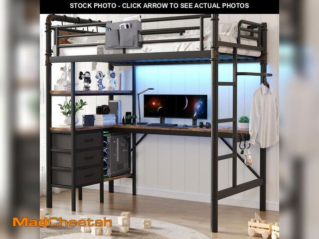 Lot 74-12164772 - Twin Size Loft Bed with L-Shaped Desk, LED Lights,Charging Station, Industrial Heavy Duty Metal Loft...