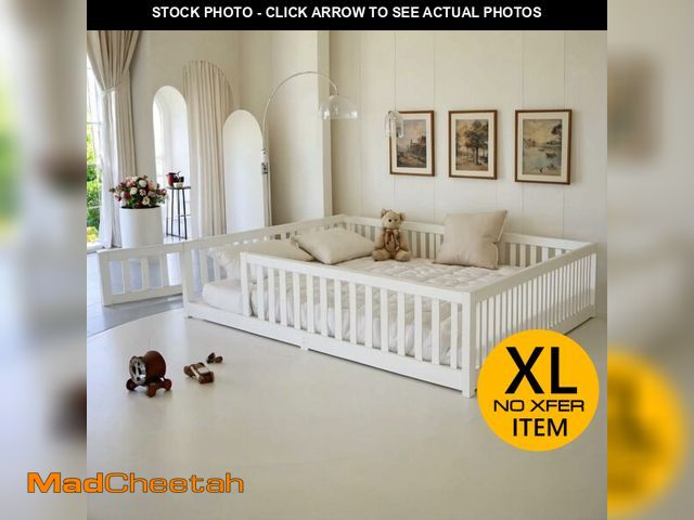 Lot 74-12568503 - PVWIIK Full Size Floor Bed with Fence and Door,Rubber Wood Floor Bed w/Safety Guardrails/Near The Gr...