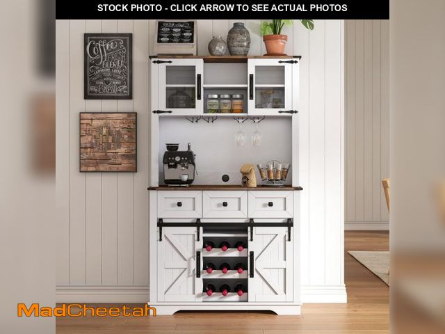 Lot 74-12160195 - (MISSING HARDWARE) DM Furniture Coffee Bar Cabinet with Sliding Barn Doors 71'' Farmhouse White Pant...