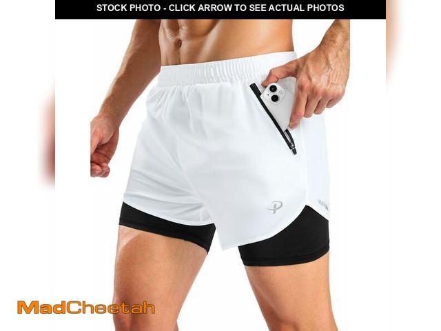 Lot 74-14338600 - Pudolla Men's Lightweight 2 in 1 Gym Running Shorts 5" with Zipper Phone Pockets Quick Dry Workout A...