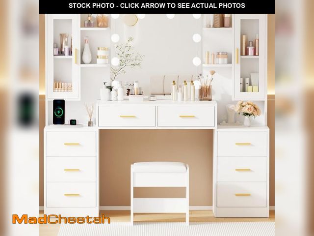Lot 74-12414969 - ANWBROAD 59.1" Large Vanity Desk with Mirror &amp; Lights White Makeup Vanity Set with Power Outlet ...