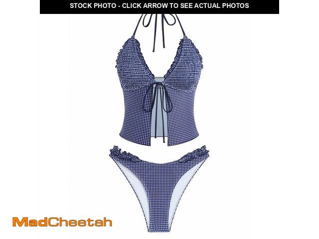 Lot 74-13967511 - ZAFUL Tankini Swimsuits for Women Smocked Ruffles Tie Front Bowknot Textured High Cut Tanga Tankini ...