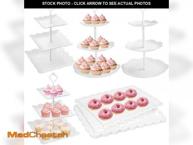 Lot 74-12162555 - 10 Pcs Cake Stand White Plastic Dessert Table Display Set 4 Pcs 3 Tired Cupcake Stand Cookie Tray Ra...