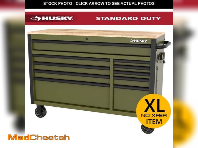 Lot 74-14605393 - Husky Standard-Duty 52 in. W 10-Drawer Matte Army Green Mobile Workbench Cabinet with Solid Wood Top...