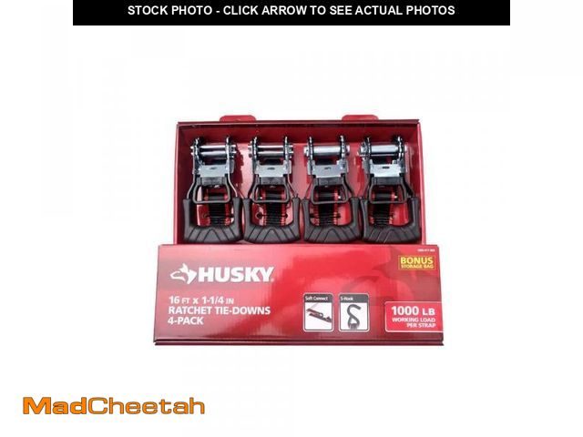 Lot 74-11826006 - Husky 16 ft. 1.25 in. Ratchet Tie-Down Straps with S-Hook (4-Pack) - USED