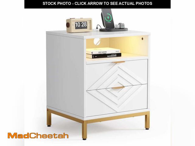 Lot 74-12678882 - MARNUR LED Nightstand with 2 Drawers, Charging Station, White Modern Night Table High Gloss End Side...