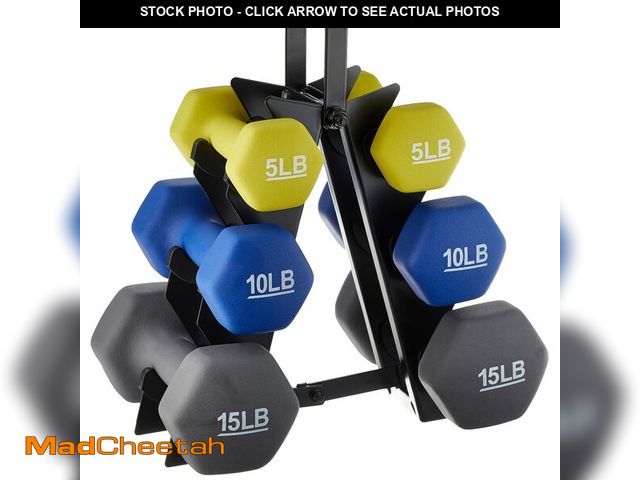Lot 74-12569964 - Basics Neoprene Dumbbell Hand Weights, Rack with 3 Pairs (5, 10, and 15 Pounds), Green/Blue/Grey - U...