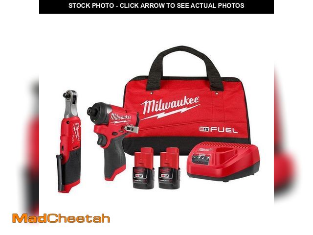 Lot 74-12777015 - Milwaukee M12 FUEL 12V Lithium-Ion Cordless 3/8 in. Ratchet and 1/4 in. Impact Driver Kit (2-Tool) w...