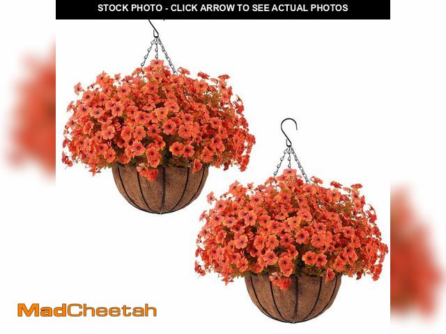 Lot 74-12712619 - Hananona 24 Pcs Artficial Outdoor Flowers with Hanging Baskets, Orange Fall mums 2 Pack Hanging Plan...