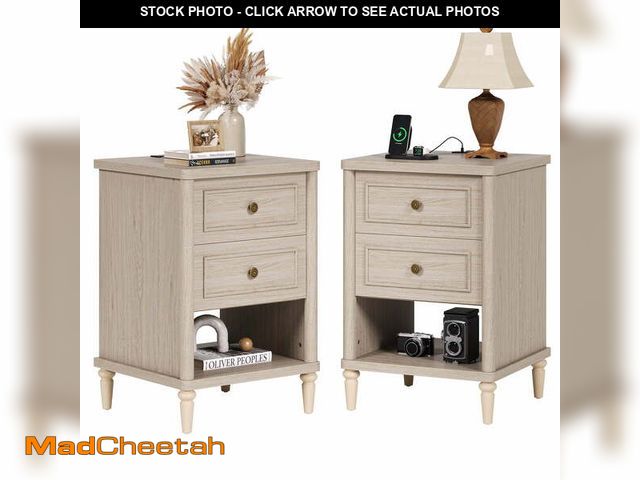 Lot 74-13765674 - Bestier Farmhouse Nightstand with Charging Station, Set of 2 Wood Bedside Table with 2 Drawers , Sof...