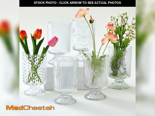 Lot 74-13952812 - Ninehaoou 6 Pcs (H:7" W:4") Embossed Flower Vase Pedestal Glass Vase Big Base Thickened Crystal Vint...