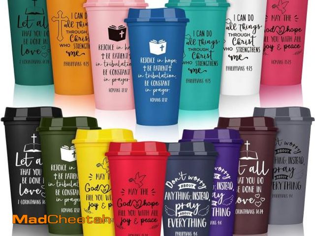 Lot 74-12128015 - Pickmesh 15 Pcs Reusable Christian Tumblers Religious Bible Verse Plastic Coffee Cups with Lids 16 o...
