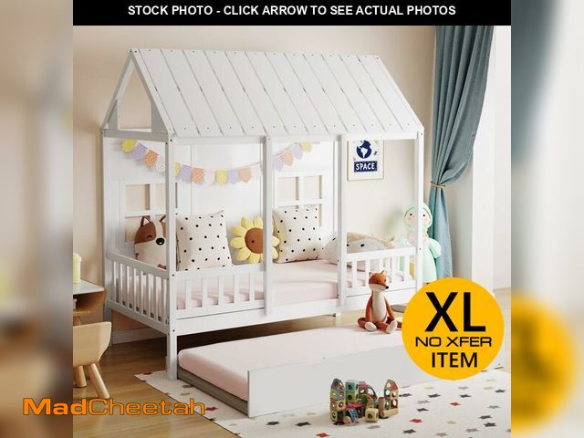 Lot 74-12689655 - (MISSING HARDWARE) Sweetcrispy Twin House Bed with Trundle, 77.95'' Wooden Playhouse Bed Frame for K...