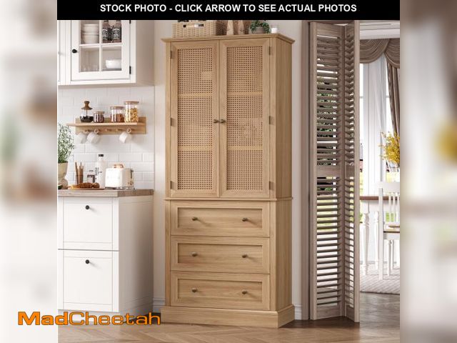Lot 74-12269603 - Homfa 73''Kitchen Pantry with 3 Drawers &amp; Adjustable Shelves, Rattan Door Storage Cabinet with R...