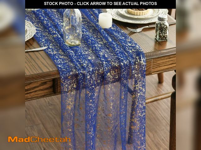 Lot 74-14294600 - Artoid Mode 6PCS Blue Gold Gauze Table Runner 120 Inch 10FT, Glitter Metallic Foil Sheer Dining Wedd...