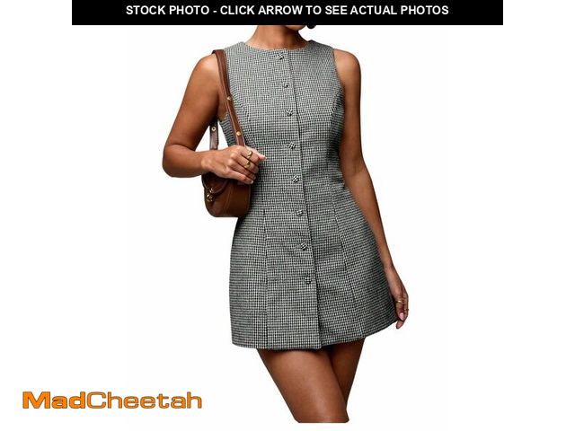 Lot 74-12459337 - SOLY HUX Women's Plaid Button Down Dress Crew Neck Sleeveless Tie Back Work Office Mini Dresses Blac...