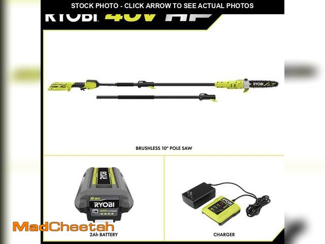Lot 74-14291434 - RYOBI 40V HP Brushless 10 in. Cordless Battery Pole Saw with 2.0 Ah Battery and Charger - USED