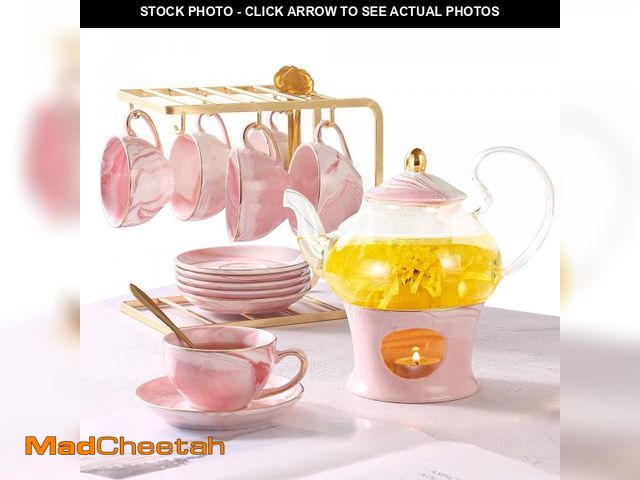 Lot 74-11549151 - DUJUST 21 pcs Small Tea Set of 6, Pink Marble Set, Handcraft Golden Trim, Porcelain Tea Pot Set for ...