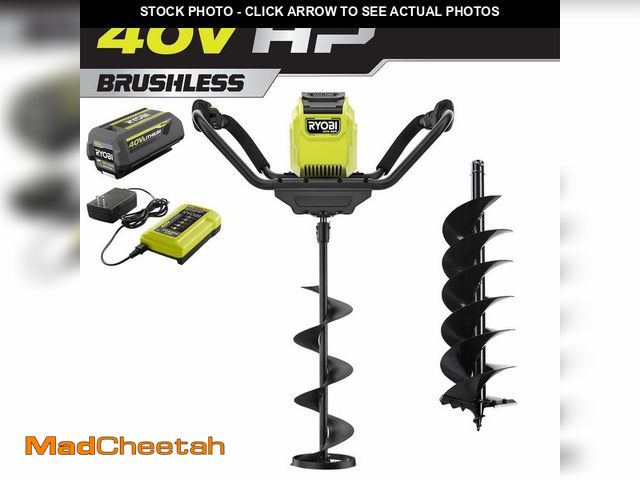 Lot 74-13778622 - RYOBI 40-Volt HP Brushless Ice Auger with 8 in. Ice Bit, 8 in. Dirt Bit and 4.0 Ah Battery and Charg...