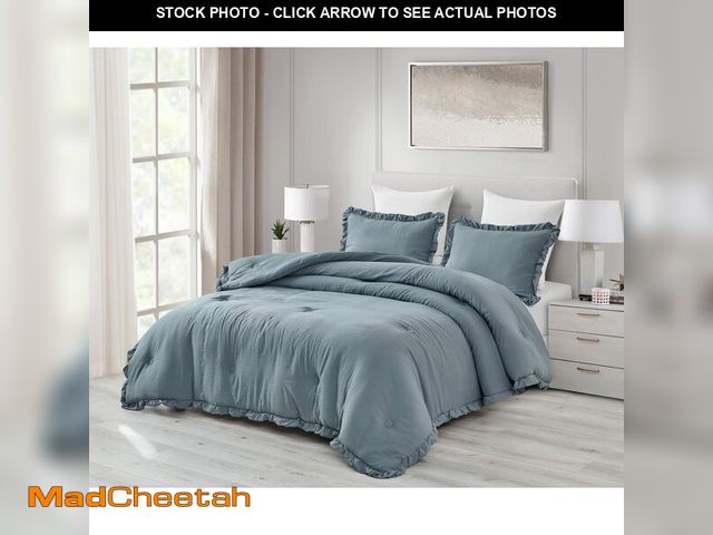 Lot 74-13563801 - Chezmoi Collection Nora Dusty Blue Comforter Set King Size 3-Piece Fluffy Soft Stone-Washed Ruffled ...