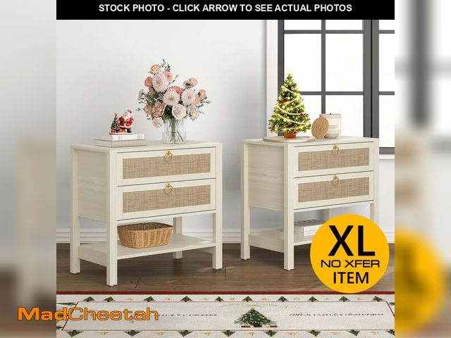 Lot 74-13775543 - SICOTAS Cream White Rattan Nightstands Set of 2 with 2 Large Drawers, Boho Night Stand End Table wit...