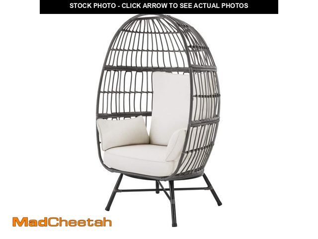 Lot 74-14242367 - Hampton Bay Breezy Bay Gray Wicker Outdoor Egg Chair with CushionGuard Almond Cushions - UNUSED