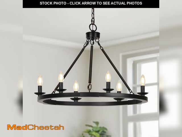 Lot 74-12970028 - Black Farmhouse Chandelier, 6-Light Wagon Wheel Chandelier with Adjustable Height, Dining Room Light...