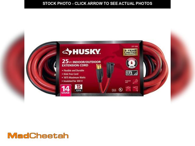 Lot 74-12804331 - Husky 25 ft. 14/3 Medium Duty Indoor/Outdoor Extension Cord, Red/Black - UNUSED