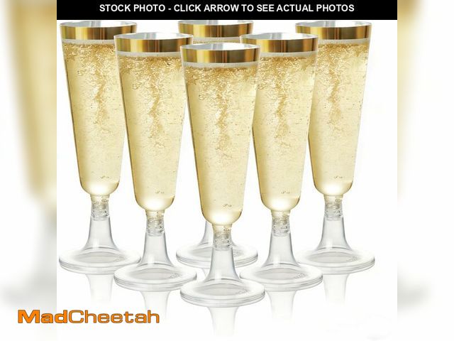 Lot 74-13573039 - Oungy 100 PCS Plastic Champagne Flutes with Gold Rim 5.5OZ Clear Plastic Champagne Glasses Mimosa Gl...