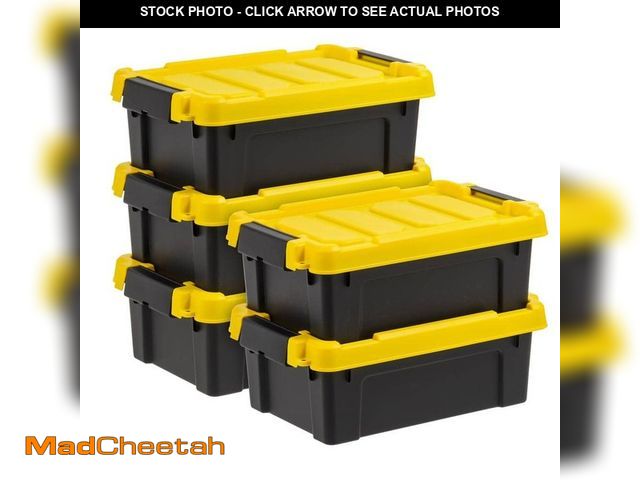Lot 74-14223948 - IRIS 3 gal. Heavy-Duty Stackable Storage Tote, Black with Yellow Lid (Set of 5) - UNUSED