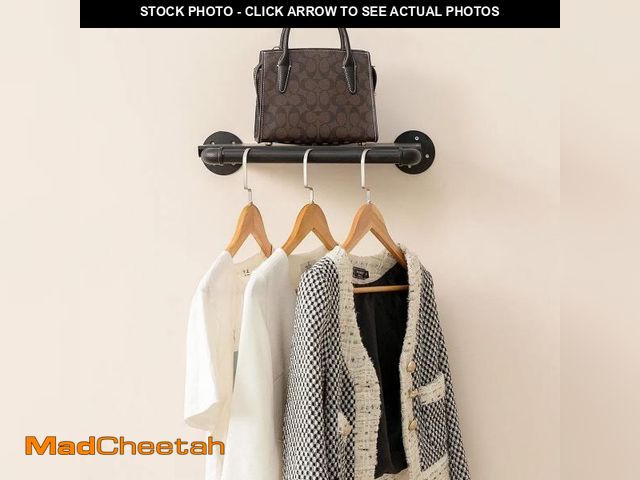 Lot 74-12437531 - Industrial Pipe Clothing Rack with Floating Shelves, Hanging Rods Wall Mounted Garment Rack, Heavy D...