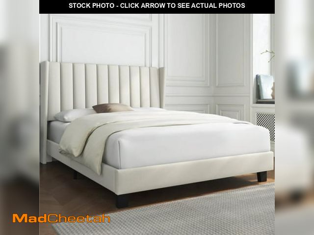 Lot 74-12378191 - Topeakmart Queen Platform Bed with Upholstered Headboard &amp; Mattress Foundation  Beige - UNUSED