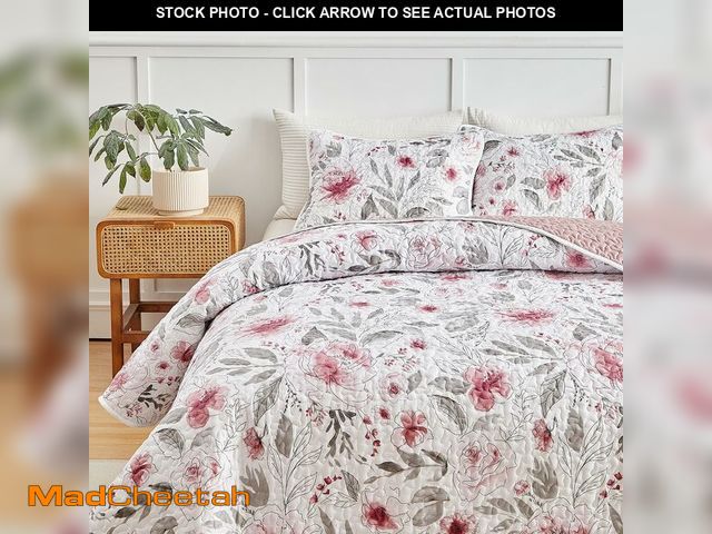 Lot 74-13543029 - Flysheep Botanical Quilt Set Full Queen Size 3 Pieces, Blush Pink and Grey Flowers Printed Elegant F...