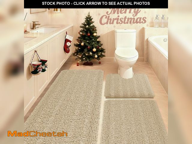 Lot 74-12432309 - ACCUMTEK Striped Beige Bathroom Rug Set 3 Pieces Ultra Soft, Non Slip Chenille Toilet Mat, Absorbent...