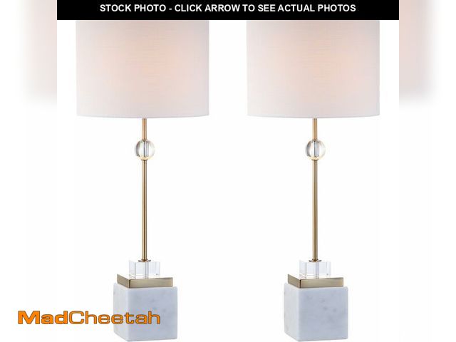 Lot 74-13794061 - JONATHAN Y 30" White Marble and Brass Gold LED Table Lamp Set of 2, Modern Glam Crystal Pedestal Lam...
